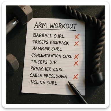 Top view of an arm workout training sheet with handwritten exercises and red X marks on incorrect exercises, in a hyperrealistic style, 4K quality, natural gym atmosphere with natural lighting. Maintain sharp details and realistic gym environment. sticker