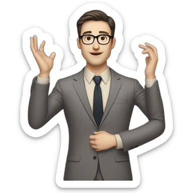 Full height Pale skinned Fit Man With dark brown hair in classic gray suit, beige office shirt, dark gray tie, and vintage glasses. Thrumbs of his palms directed up sticker