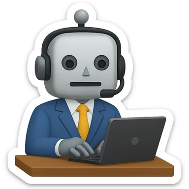 Make the recruiter robot emoji more masculine in a flat, Apple style. The robot should be at a desk, wearing a headset, and typing on a laptop. The background should be transparent. sticker