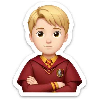 A young boy slightly to the side looking forward with crossed arms wearing the Gryffindor uniform sticker