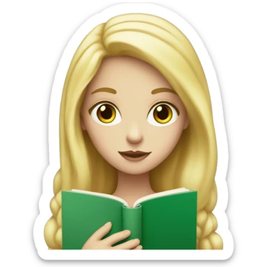 White skinned girl with green eyes and golden hair holding a book sticker
