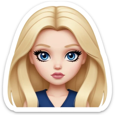  long blonde hair, pale skin, dark blue eyes, pretty bratz baddie, black eyeliner, blush sticker