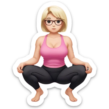 view from quarter angle, fair skinned woman, thick milf, short blond hair, small reading glasses, squatting down in kitchen, pink loose tank top, showing natural B cup breast shape SFW, black yoga pants, large curvy booty sticker