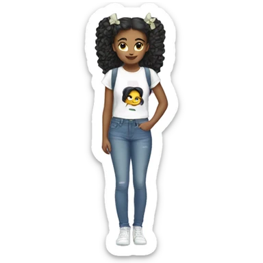 Girl with two bows in her hair and with a cute gen-z shirt and flared jeans sticker