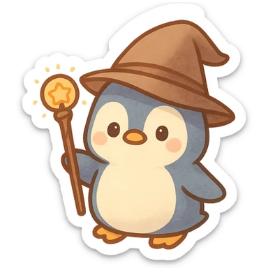 a penguin dressed as a wizard, wearing a pointed hat and holding a magic staff, in a fun and whimsical style sticker