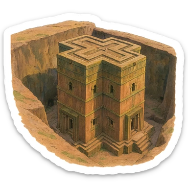 Create the rock hewn Church of Saint George in Lalibela, Ethiopia into a Ghibli style. Make it HD and precise. sticker