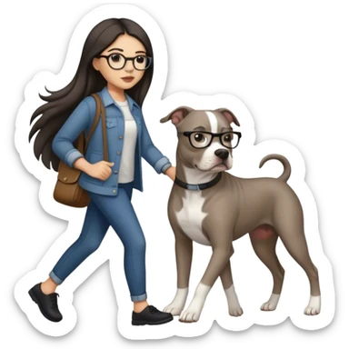 Girl with glasses and long dark hair walking grey pitbull sticker
