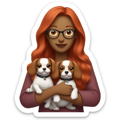 Mom with long red hair wearing glasses holding to small dogs sticker