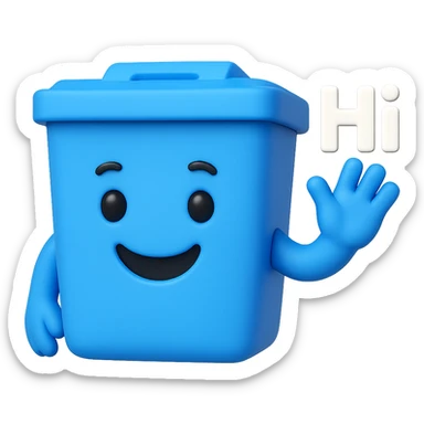 3D emoji style blue bin with a smiling face, waving and saying hi sticker
