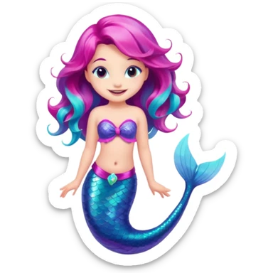 cute mermaid with sparkling pink, purple, and turquoise tail, smiling sticker