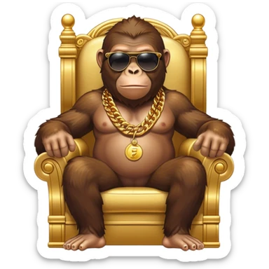 ape with big golden chain on the neck wearing sunglasses sitting in the armchair that stands on gold coins full height sticker