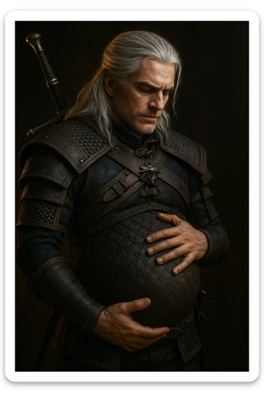 Geralt of Rivia holding his pregnant belly, 3D fantasy style, silver hair, medieval armor, dramatic lighting sticker