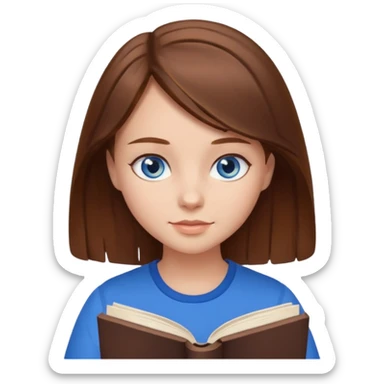 a girl with brown hair and blue eyes reading sticker