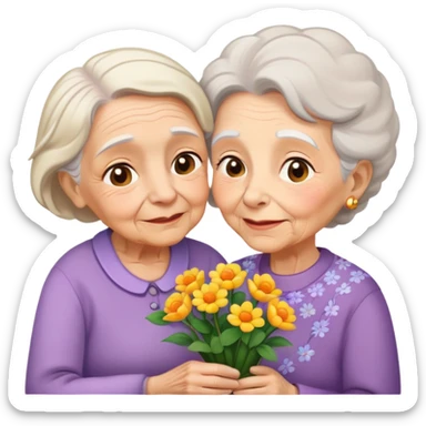 child giving flowers to an elderly woman, warm and expressive sticker