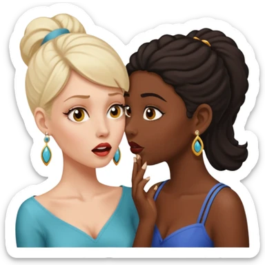 Devious white woman whispers gossip in shocked black woman's ear. sticker
