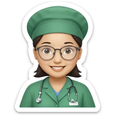 FILIPINA FEMALE NURSE, CHUBBY, NO HAIR, WITH GLASSES, GREEN SCRUBS, AND CAP, SMILING sticker