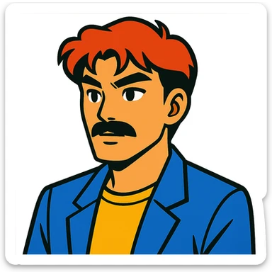 asian man with black mustache and red hair, 90's anime style, vibrant toon style sticker