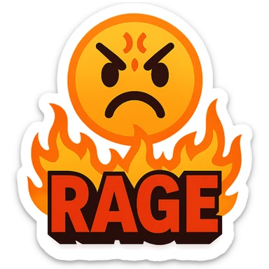 vibrant toon style emoji, red background fading to dark in the center, 'RAGE' in bold red text, flames bursting from the text sticker
