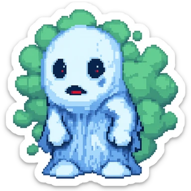 Add visible blue and green fart gas clouds behind the blue and white ghost boy. Keep no background as requested. sticker