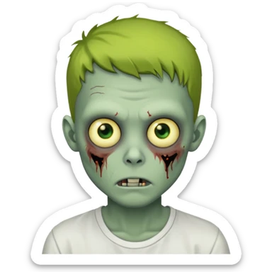 zombie boy with yellow eyes white shirt green face sticker