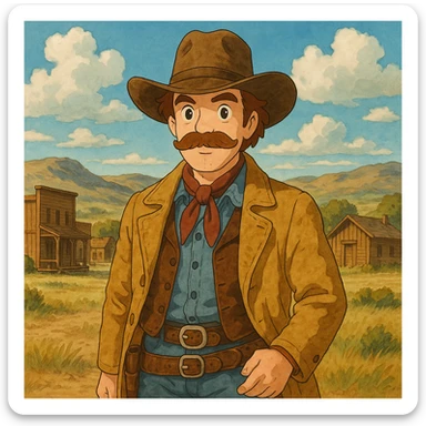 Wild West cowboy, whimsical and detailed, frontier landscape background sticker