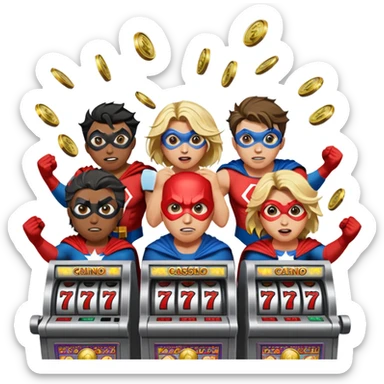 disheveled super heros losing money at a slot machine, panicked face, coins flying sticker