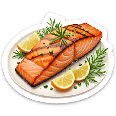 Cinematic perfectly grilled salmon, rich orange hues with crispy skin, garnished with fresh herbs, drizzled with lemon, ultra-detailed and delicious. sticker