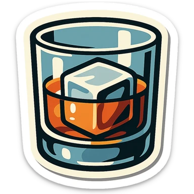 whiskey glass with one large ice cube, retro stickers style, clear black outlines, expressive shadows and highlights, no gradients, only sharp color transitions, minimalist sticker
