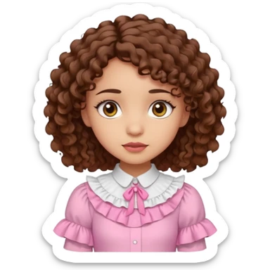 light skin girl, brown eyes, short curly brown hair, white blouse with ruffles, pink skirt with ruffles sticker