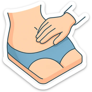 close-up of human abdomen, a doctor's hand palpating, hand coming from the other side, fingers slightly pressing, 2D isometric style, soft rounded shapes, clean contours, pastel palette, detailed shadows and highlights, modern illustration, transparent background sticker