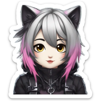 Gorgeous edgy epic punk magical gradient gothic dark techwear anime style anthro cat with blushing face aesthetic and pretty edgy black with collar and harness trending style sticker