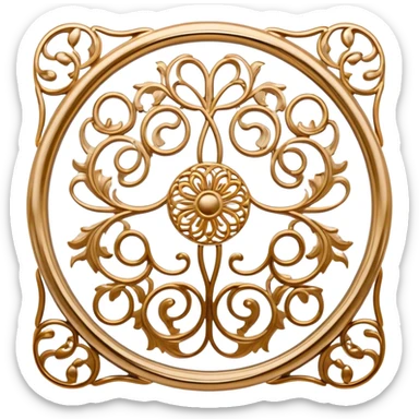 Metal painting and filigree icon, metal surface with delicate filigree work and intricate hand-painted patterns, visible thin metal threads forming swirls and loops, bright enamel or metallic paints, visible paintbrush and filigree tools, no finished artwork, just the process, minimalistic style, clean lines, transparent background. sticker