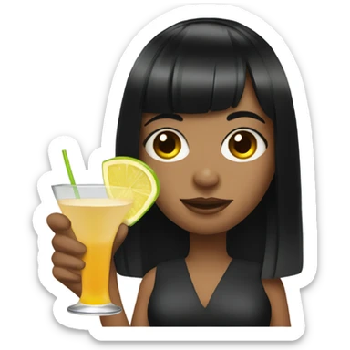 Girl with black hair and bangs holding martini sticker