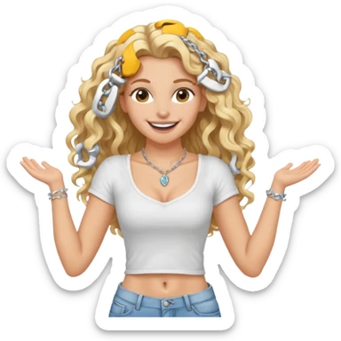 white girl with long blond curly hair held with a hairgrip, thin athletic build with visible muscles on arms legs back and butt, wearing jeans white strappy t-shirt and necklace, big smile with white teeth sticker