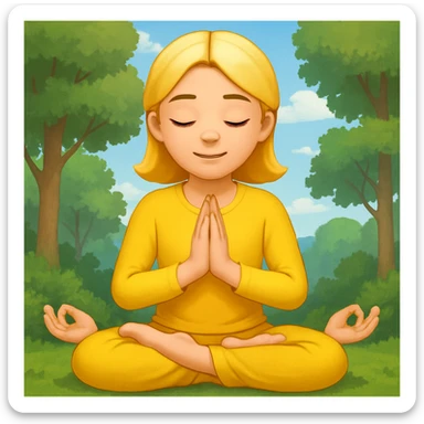 Add a peaceful nature background with trees and sky behind the meditating emoji, keep the classic emoji style sticker