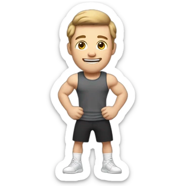 To knee Actively gesturing with hands Pale skinned Fit Man With the biceps and light brown hair in dark gray Sleeveless Mike, black oversize sports shorts and white Sneakers sticker