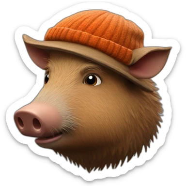 fullface wild brown boar tired of life with stubble with a winter hat sticker
