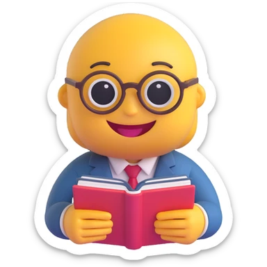 3D smiley emoji, round shape, wearing teacher glasses and holding a book, smiling face sticker