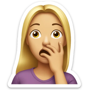 A surprised and slightly tearful woman is covering her mouth sticker