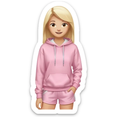 blonde woman, sleek straight hair, soft glam makeup, baby pink hoodie, white shorts sticker
