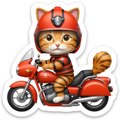Cat on red and black motorcycle with helmet sticker
