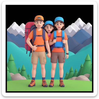 back packer couple posing, mountains in background,   close up pose sticker