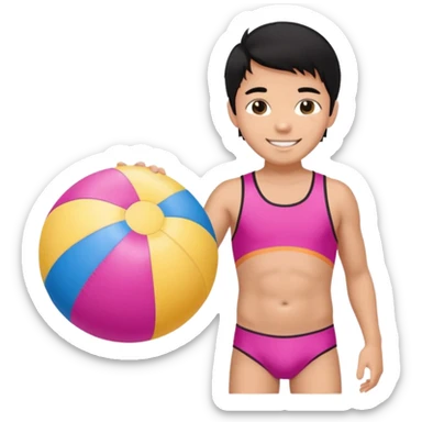 Hawaiian boy with black hair with pink highlights and a swimsuit, with beach ball sticker