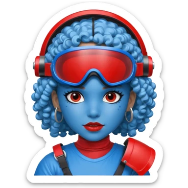 blue curly girl with huge earrings wearing red paintball helmet with eye protection, only face  sticker