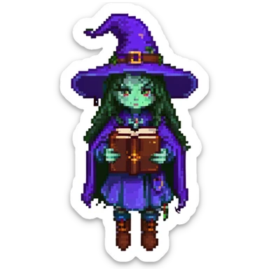 a single witch from a cursed coven holding a spellbook, dark and mysterious, pixel art style, with the text 'Cursed Coven' sticker