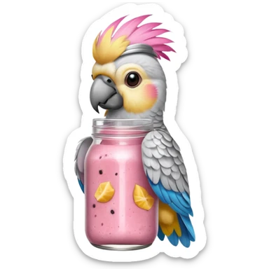 cockatiel parrot holding mason jar with pink smoothie  sticker