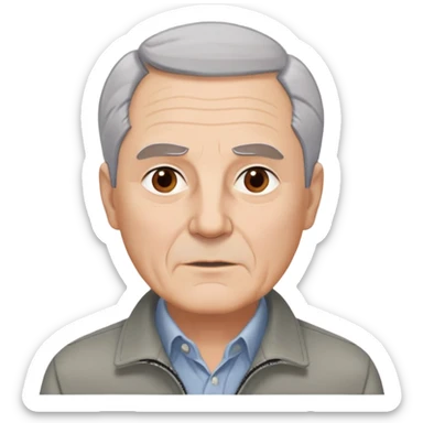 Distinguished older man in his 60s, light complexion, round face with broad jaw, vivacious brown eyes, thick eyebrows giving intensity to expression, short gray-white hair combed slightly back with visible receding hairline, clean-shaven, wearing gray casual jacket over button-up shirt sticker