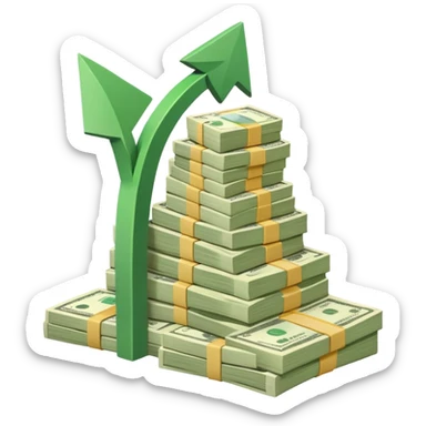 upward arrow next to a growing stack of cash money bills, financial growth sticker