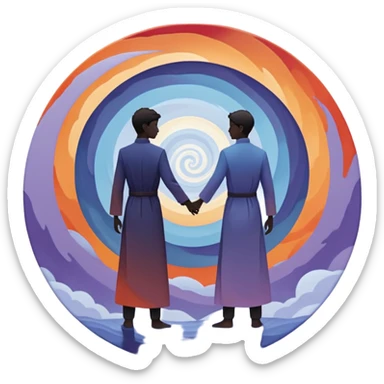 Center composition: Two silhouetted figures standing back-to-back or side-by-side in a circle of calm (soft blues, lavenders, white light)
Around them: Swirling storm energy—abstract shapes, wind lines, chaotic movement in reds, oranges, and dark grays sticker