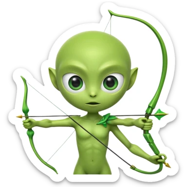 3D emoji-style green alien holding a bow and arrow, glossy texture, smooth skin, large expressive eyes, small humanoid body, minimalist background, soft lighting, Pixar-style rendering, high detail, cute but slightly serious expression, clean centered composition. sticker